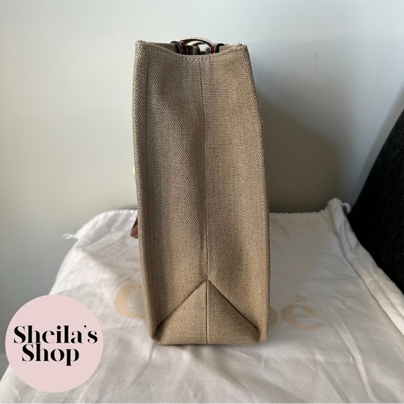 NWT Chloe Woody Medium Tote Bag Leather-Trimmed Canvas White & Brown - Picture 5 of 10